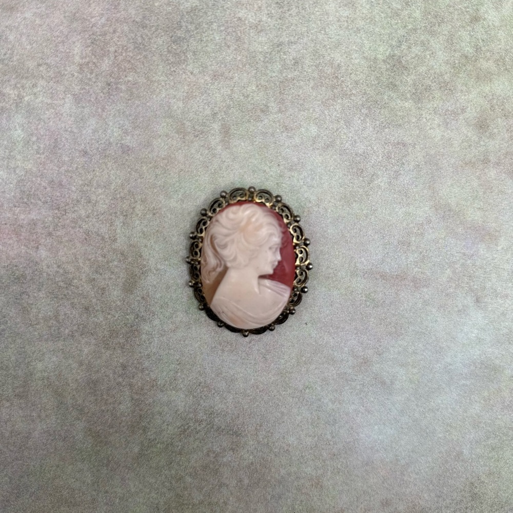 Victorian Style Shell Cameo Brooch Pendant - Pink on Burgundy - Picture 4 of 5